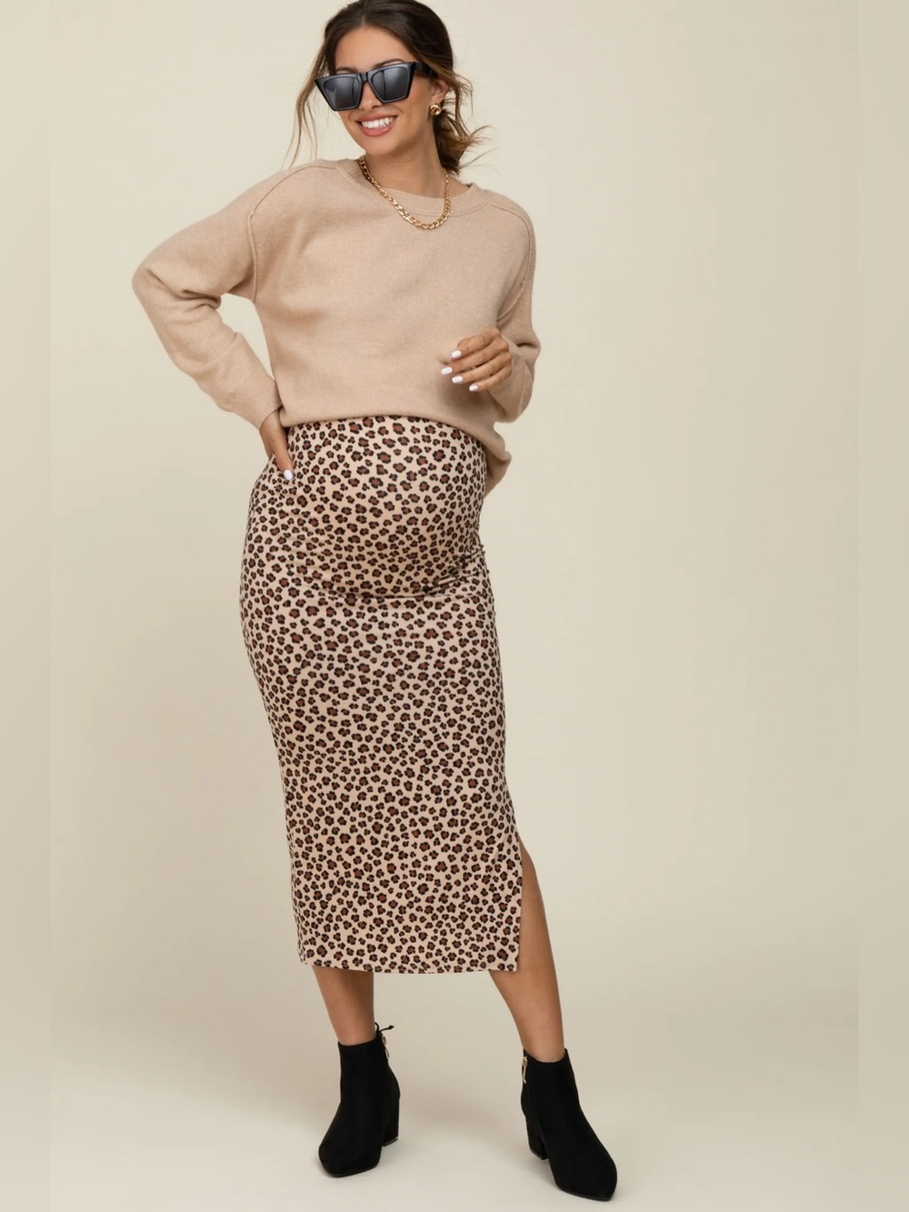 PinkBlush BLVD Brown Animal Print Fitted Maternity Midi Skirt